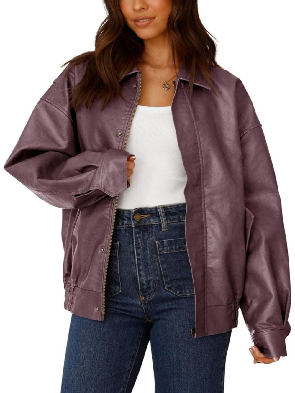 Women's Purple Polyester Oversized Faux Casual Zip Up Trendy Leather Jacket